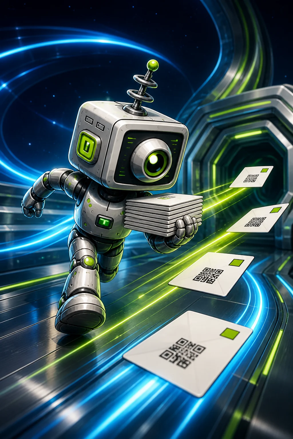 Square-headed Mailiens production robot dispatching uniquely coded postcards