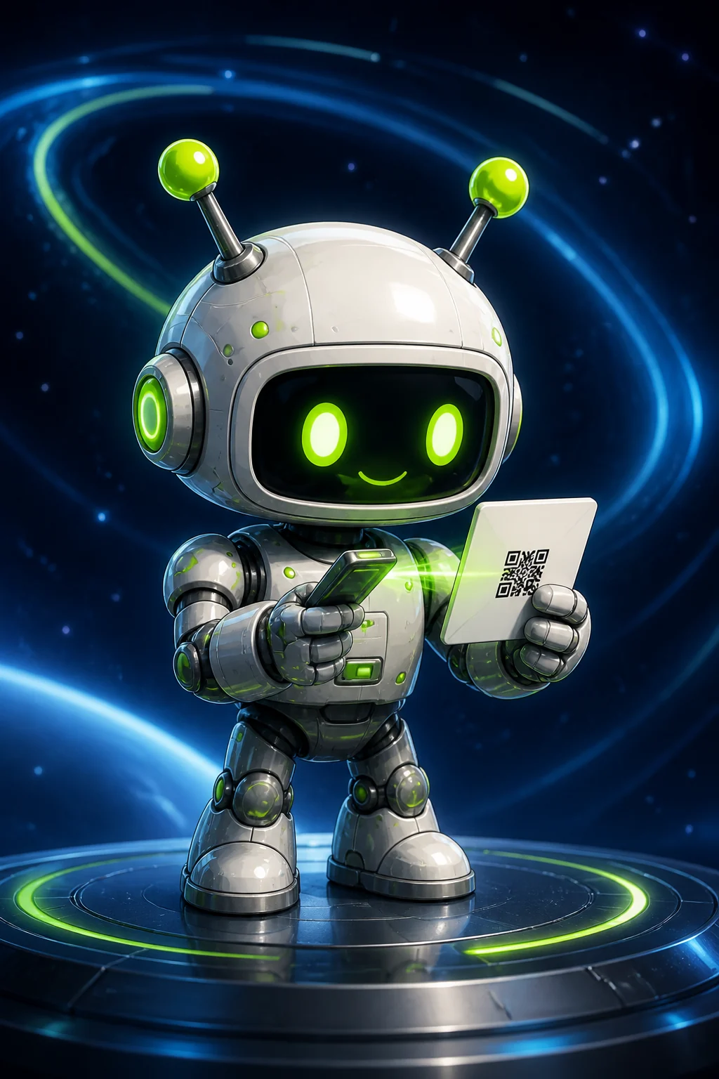 Rounded recipient robot scanning a QR code on a received postcard