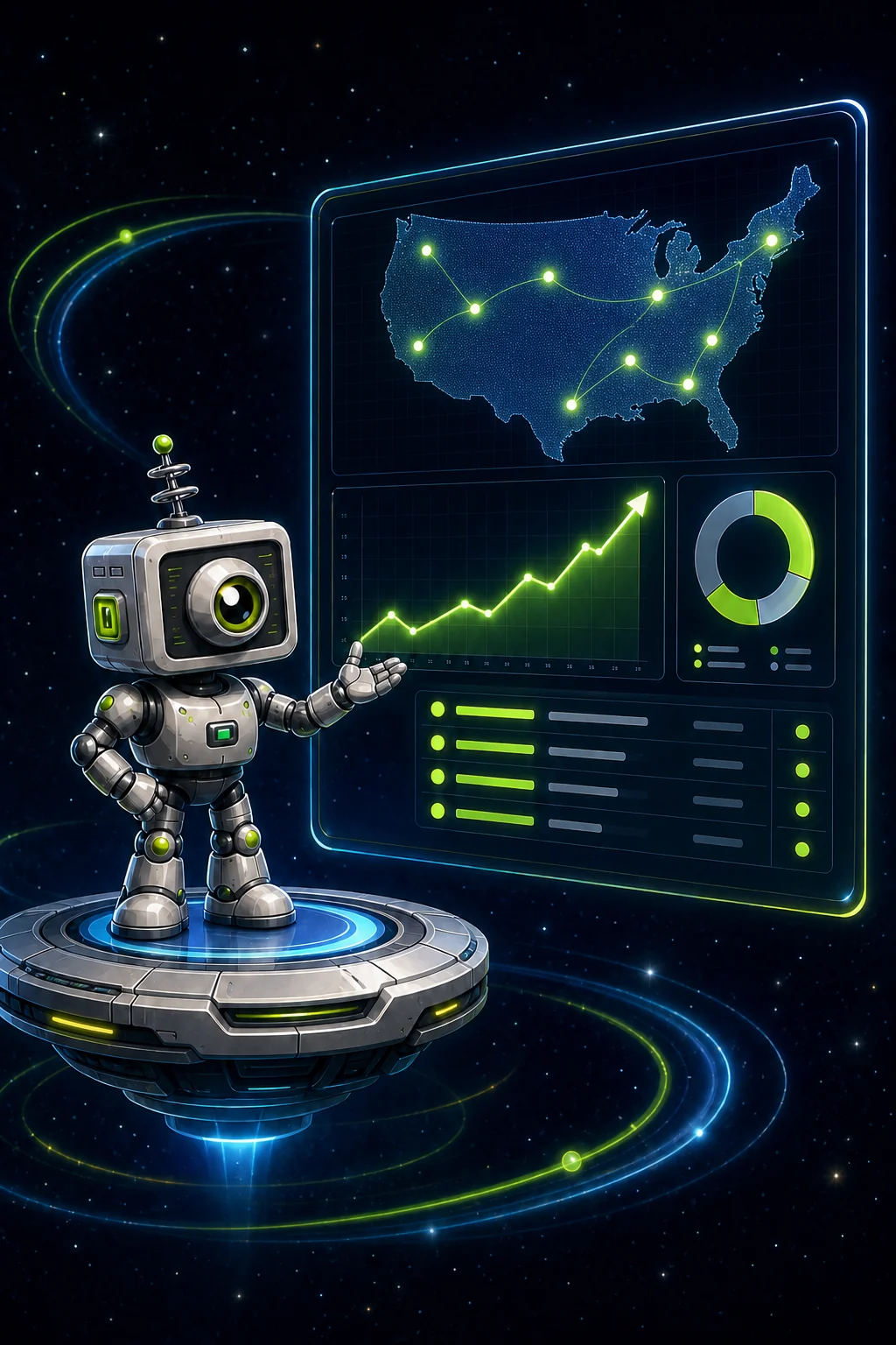 Square-headed Mailiens robot presenting United States campaign response analytics
